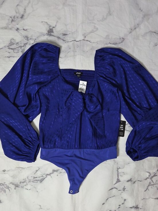 Express Tops - Express Blue Jacquard Tie Front Long Sleeve Body Suit